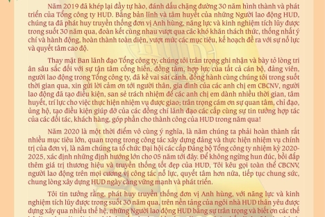 THƯ CHÚC TẾT NHÂN DỊP XUÂN CANH TÝ - 2020 của Đồng chí Bí thư Đảng ủy, Chủ tịch HĐTV Tổng công ty Đầu tư phát triển nhà và đô thị